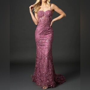 Nina Canacci 6556 Size 4 Mauve Sweetheart Corset Style Open Back Long Dress NWT